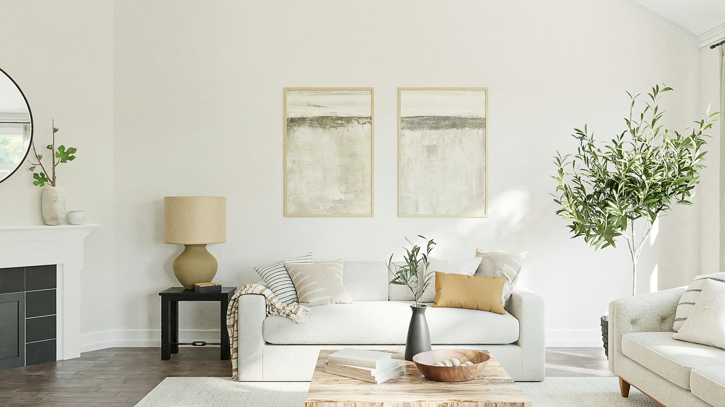 Living room with an open fireplace