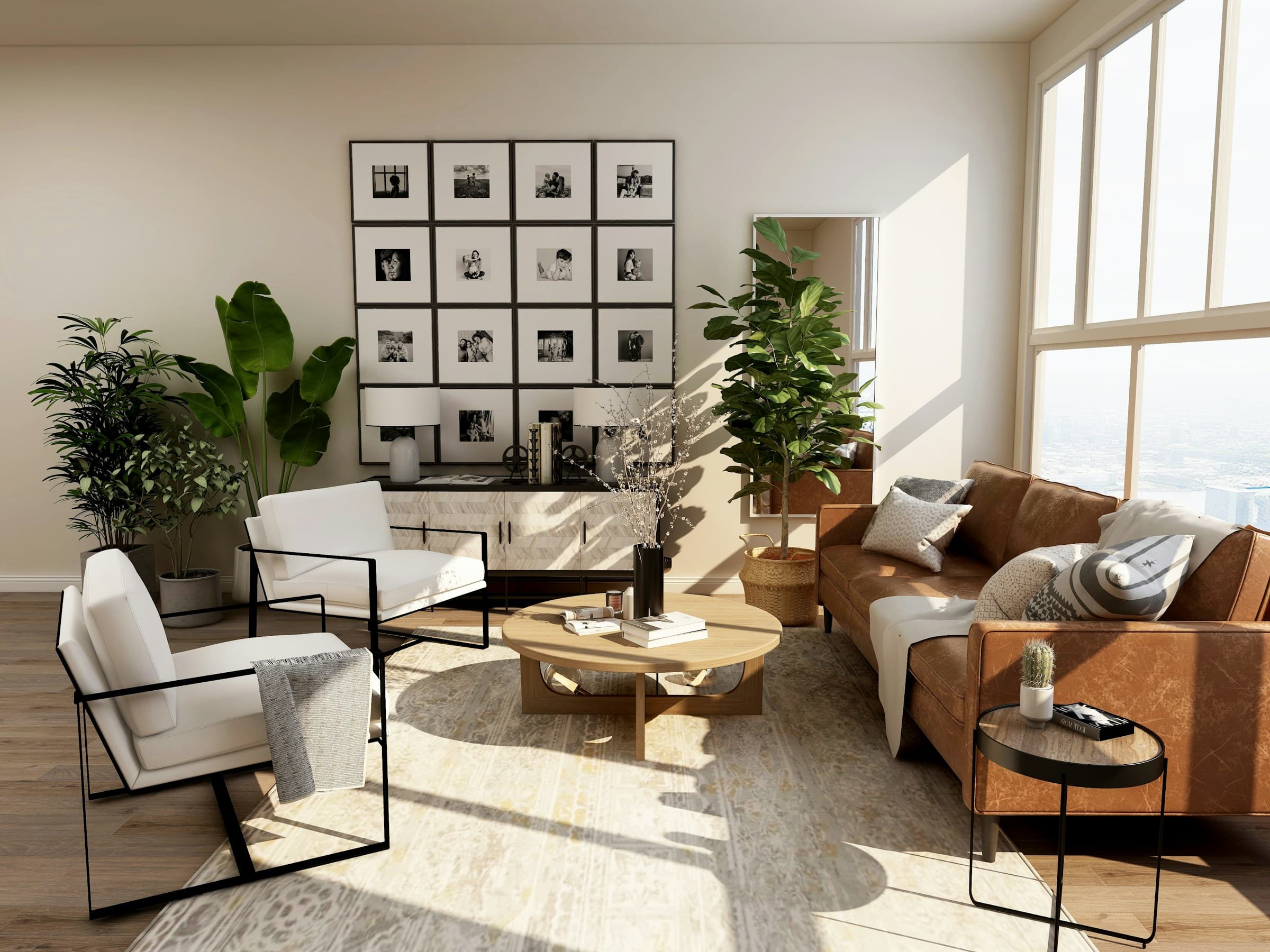 Seating area with plants and large windows